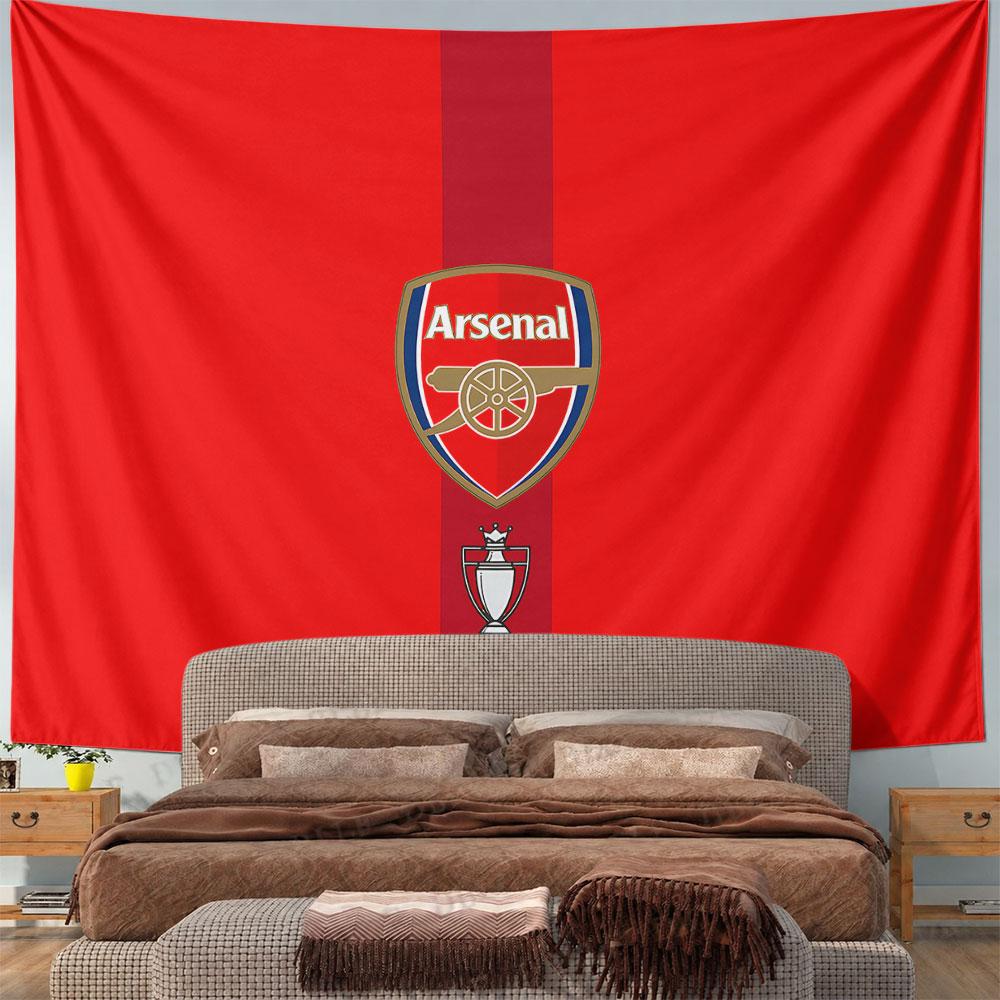 Red background with Arsenal crest and trophy emblem centered vertically. Patterned tapestry for bedroom and living room home decor