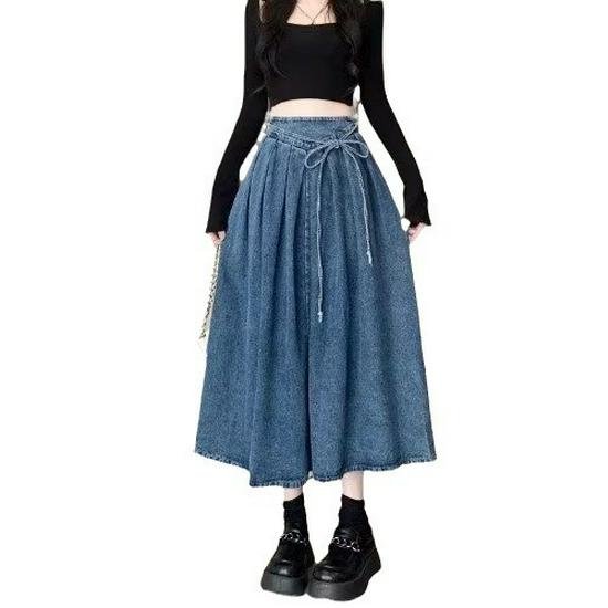 Women's Retro Strappy Denim A-Line Skirt - High-Waist, Slim Fit, Mid-Length - New Spring Style