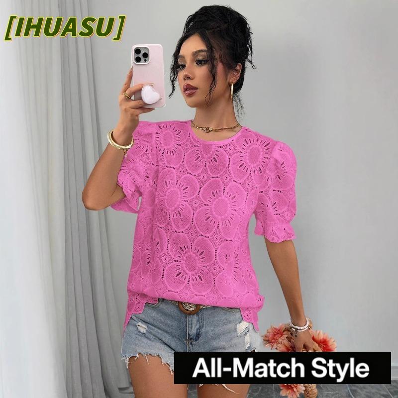 IHUASU Women's Fashion Casual O-Neck Short Sleeve Blouses & Shirts