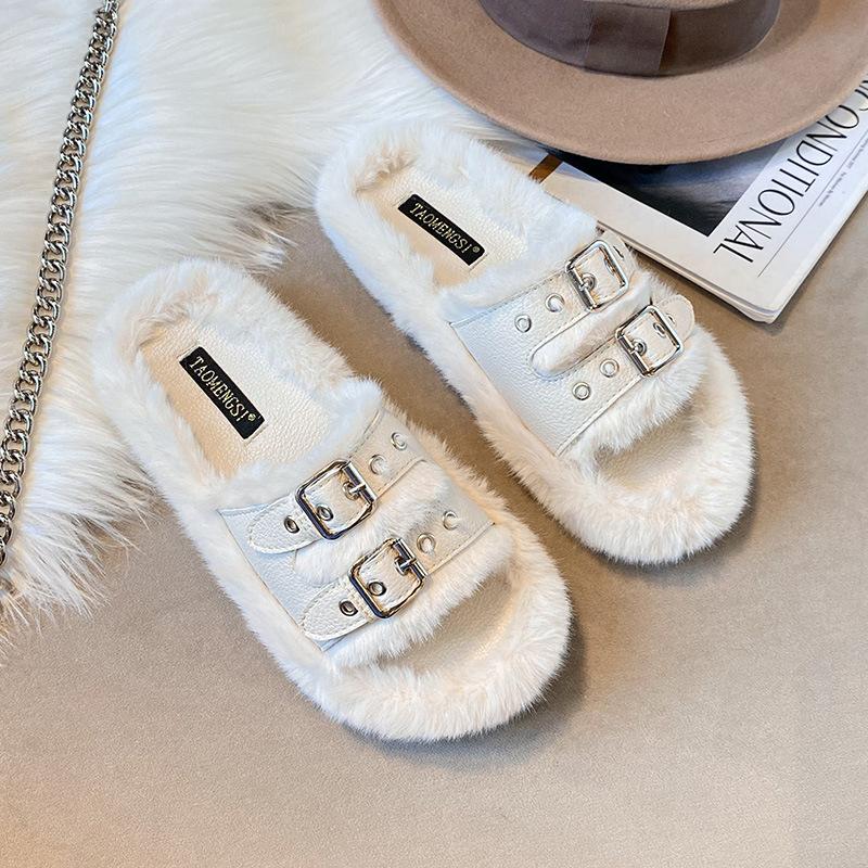 TX-4 Double-breasted Flat Bottom Home Thick Bottom Fluffy Outer Wear Fluffy Slippers Women's Autumn and Winter~