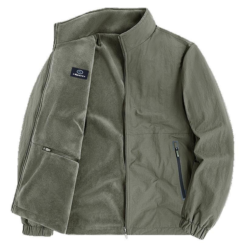 Autumn 2025 Men's Double-Sided Nylon Stand Collar Jacket - Loose Fit with Plush Lining for Middle-aged and Elderly