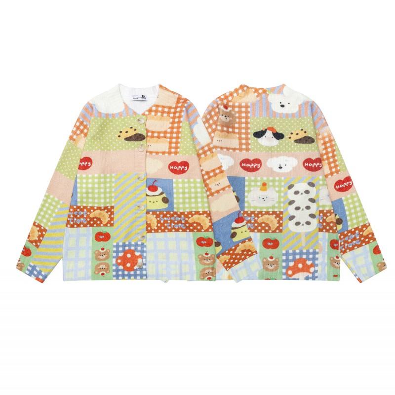 American Retro Fun Cartoon Print Knit Cardigan Men Women Couple Casual Loose Fit Top