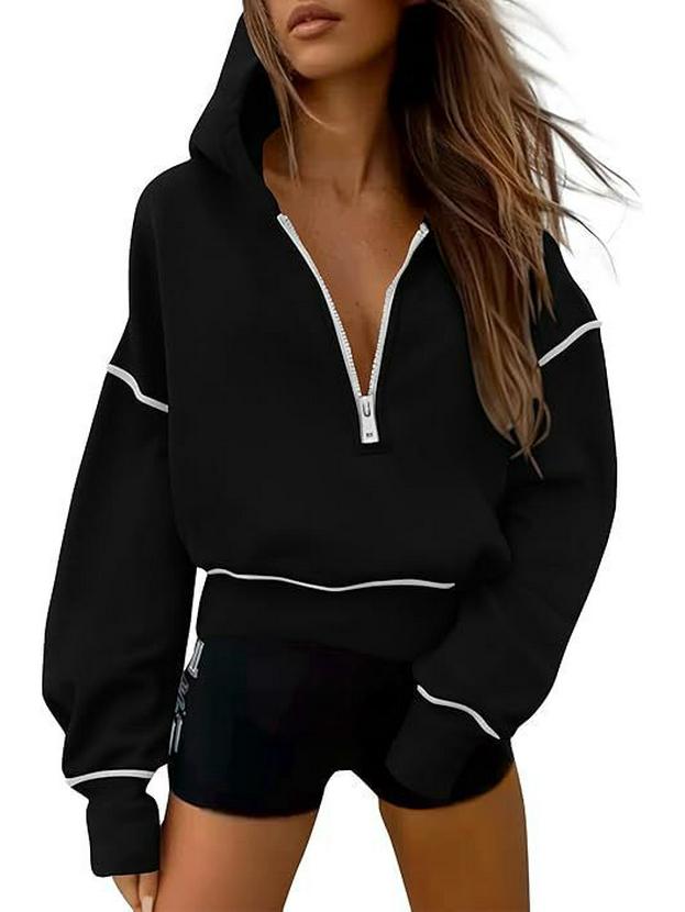 Women's Cropped Hooded Sweatshirt - Long Sleeve Half Zip Hoodie, Winter Fashion