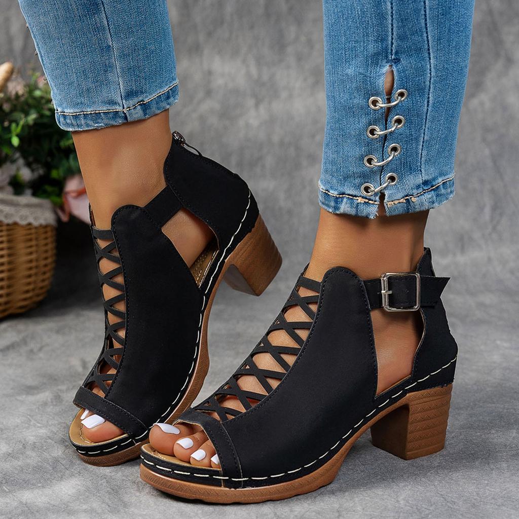 Women Summer Elegant Sandals Thick Heel Wedge Chunky High Heels Open Toe Hollow Cross Bundled Wedding Versatile Shoes