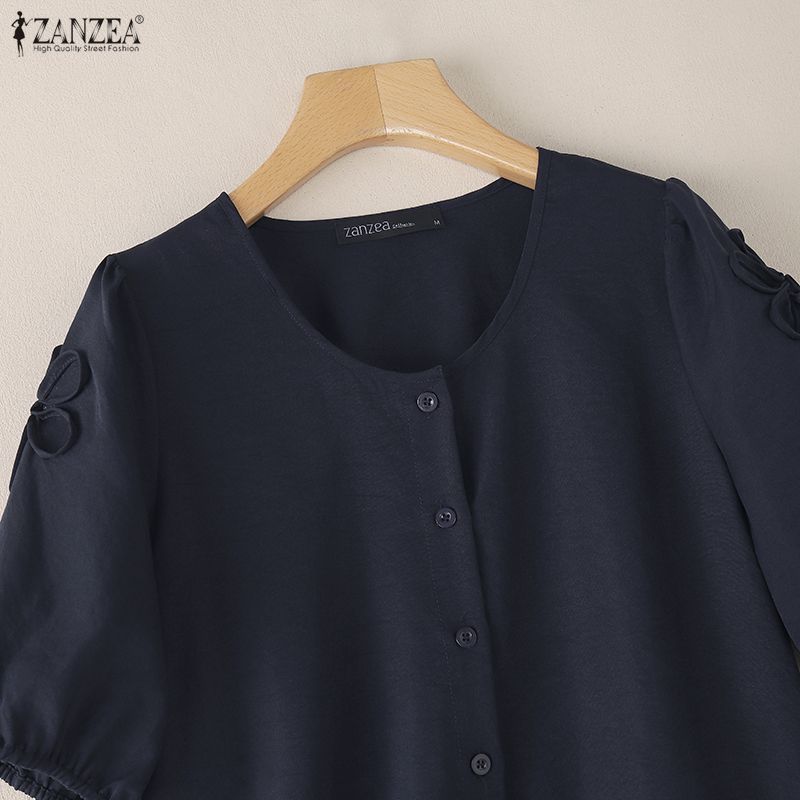 ZANZEA Women Casual Round Neck Solid Color Loose Half Sleeve Blouse