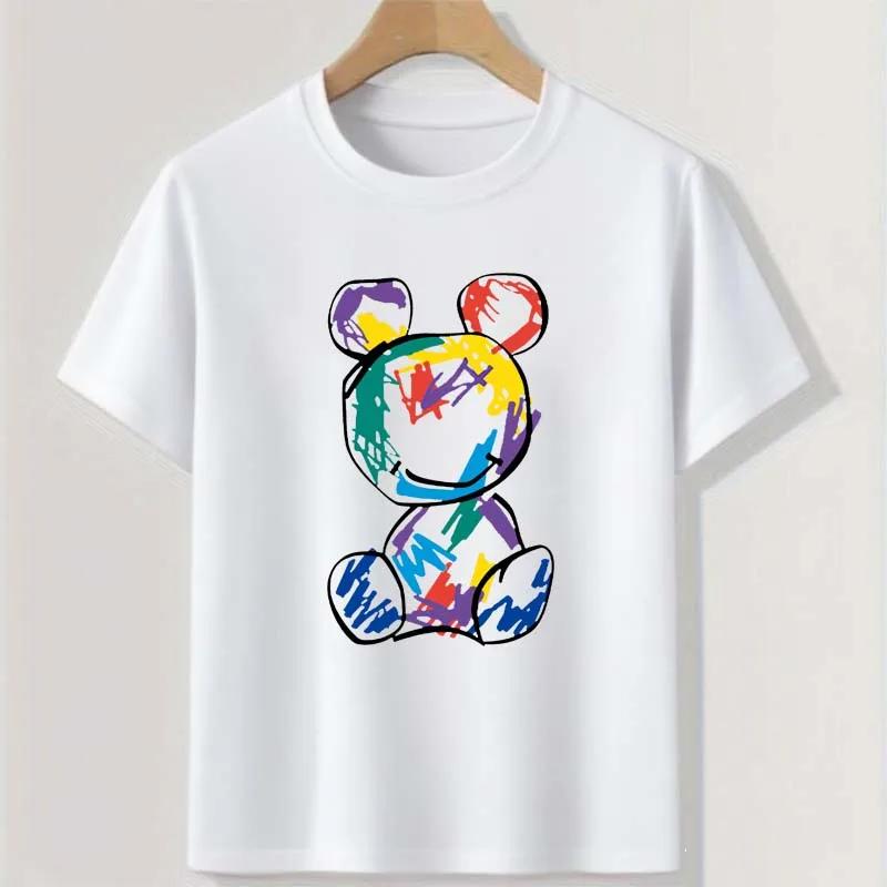 Graffiti Bear Teenage Colorful Tops Clothing Summer Boys Casual Cool Streetwear Round Neck Short Sleeve Children T-shirt