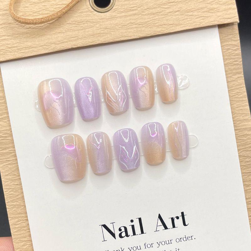 

Lucky Purple Mermaid Hand-Made White Wearable Nail Stickers Niche Style Fancy Fake Nails Three-Dimensional Short T Cat s Eye Lucky Purple Mermaid-size XS (Short)
