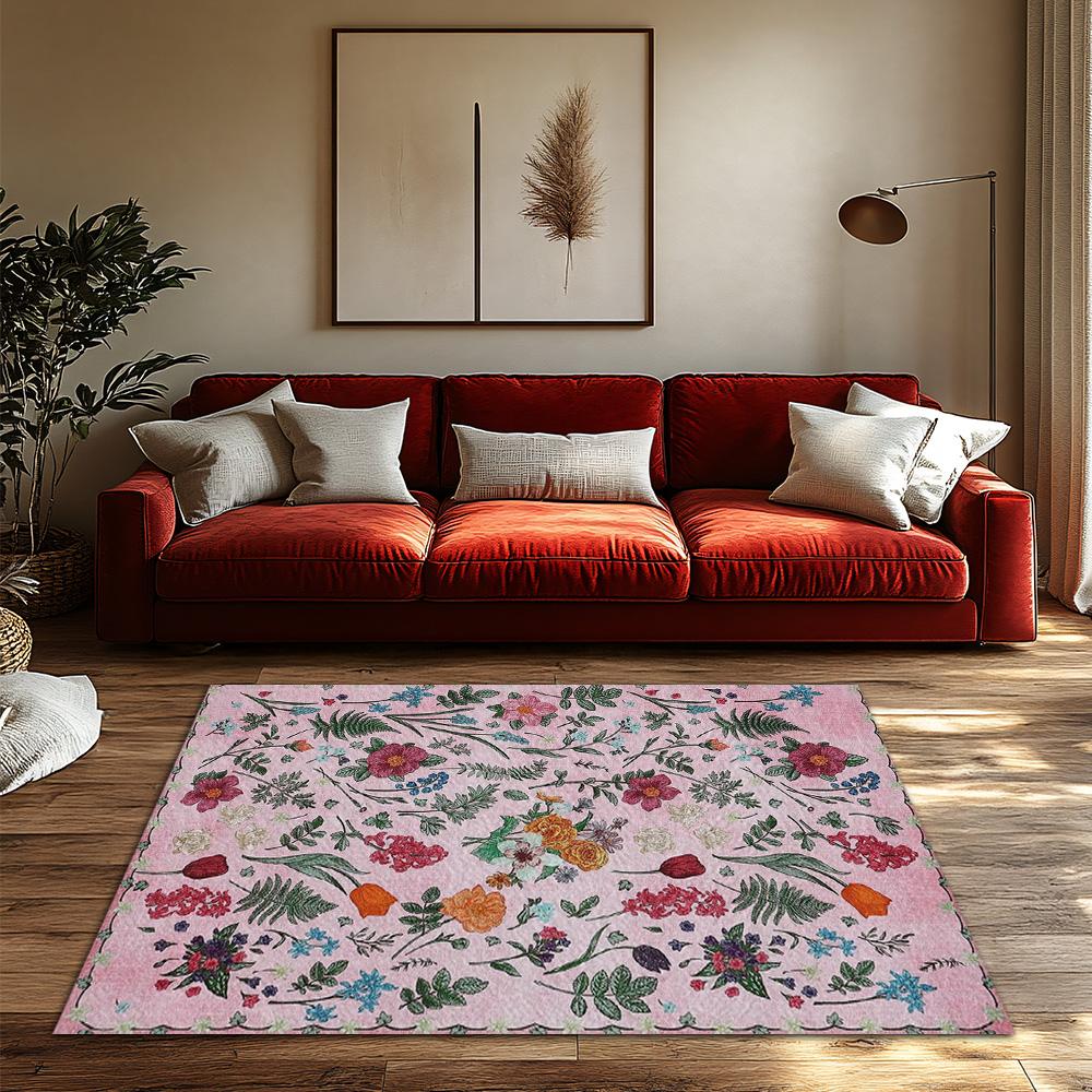 Pink Floral Bohemian Area Rug, Flower Pattern Non-Slip Carpet, Soft Living Room Mat for Cozy Home Decor