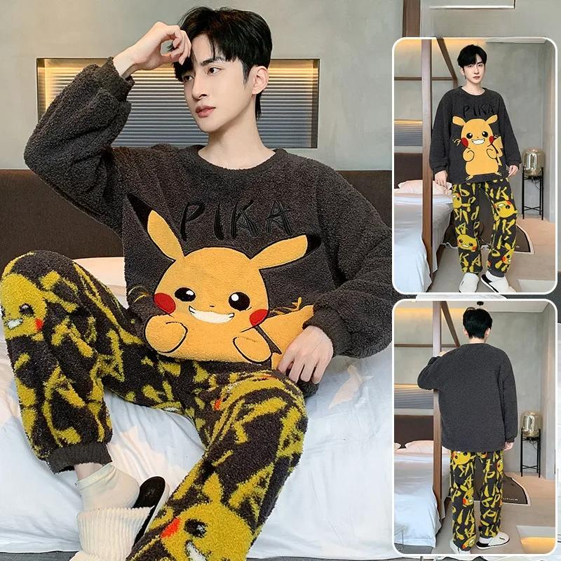 Pijama de Diseño Lindo de Moda para Hombre Otoño Invierno Forro Polar Coral Espesado Cálido Suave Masculino Polar Térmico Conjunto Ropa de Casa Juvenil