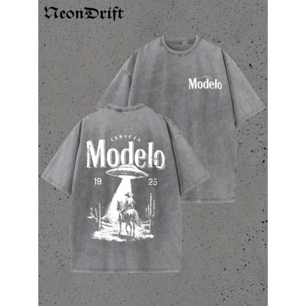 Retro Modelo 1925 Cerveza T Shirt Men Washed Cotton Oversized UFO Cowboy Graphic Tee Casual Streetwear S