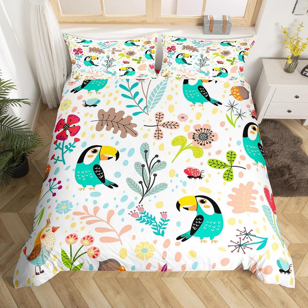 Comforter Cartoon Lion Kids Jungle Botanical Comforter Floral Zoo Animal Bedding Set Woodland Leaves Flowers