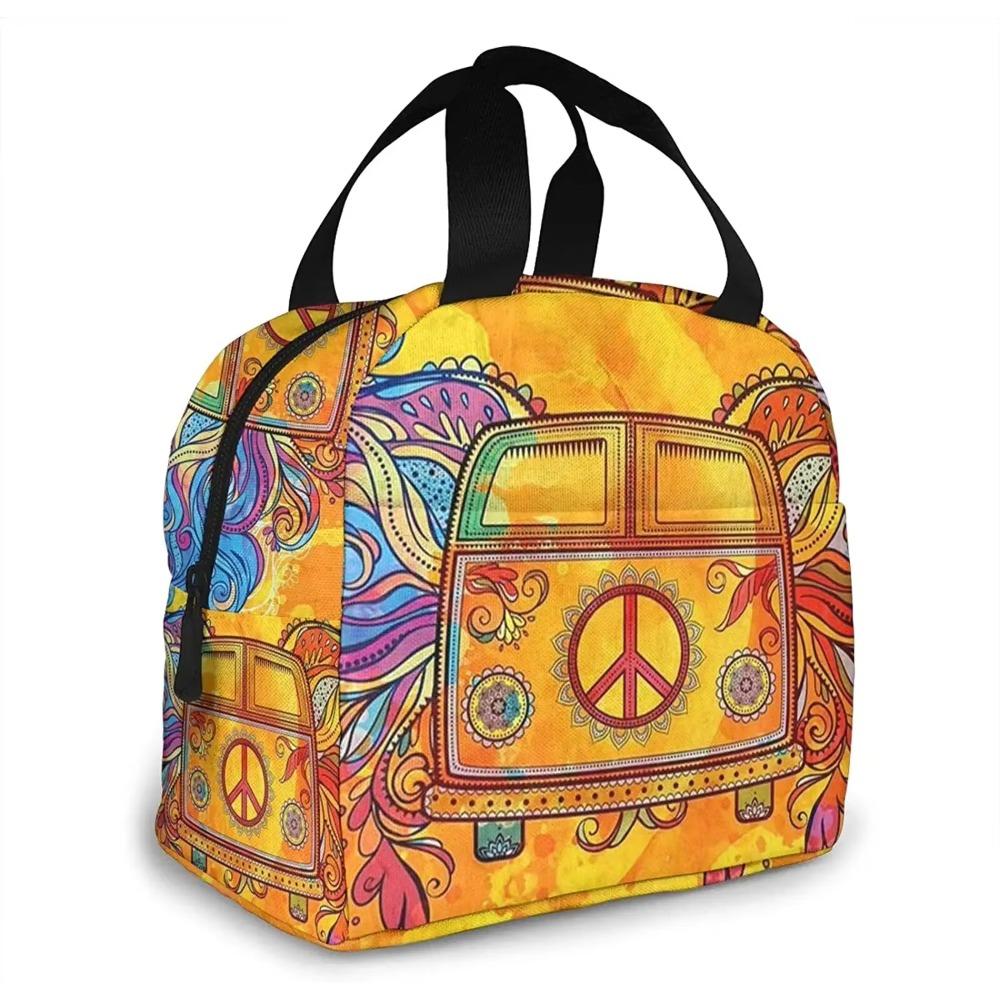 Hippie Vintage Car a Mini Van with Peace Sign Insulated Lunch Box Reusable Cooler Tote Bag Waterproof Lunch Holder for Women