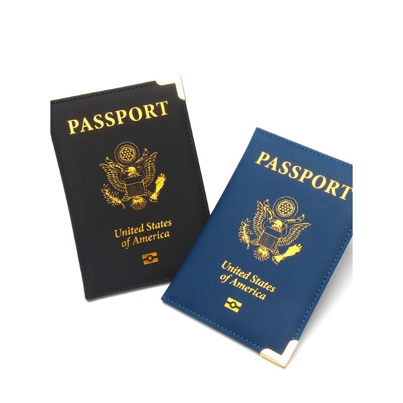 New US Passport Holder Leather Thin Passport Covers Golden Copper Corner Id Card Holder Plane Ticket Holder Travel Accessories