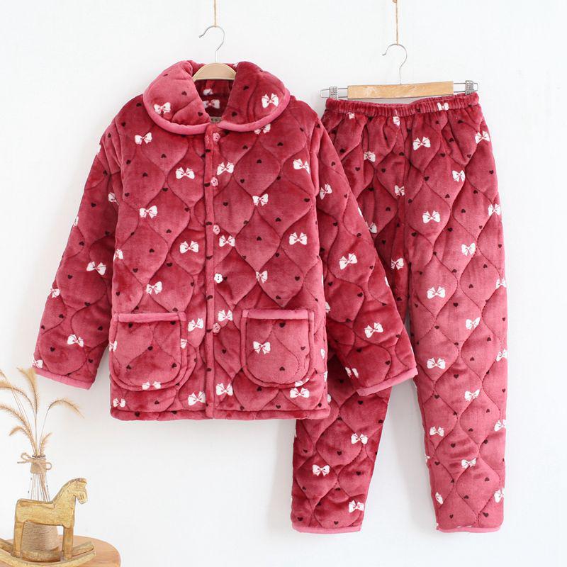 Three-Layer Fleece-Lined Quilted Winter Pajama Set for Elderly Women - Warm Coral Fleece Home Wear & Outerwear