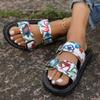 2024 New Summer Solid Color Versatile Women's Slippers Printed Open Toe Women's Shoes Round Toe Flat Bottom Buckle Decoration