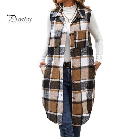 

Женский длинный жилет с нагрудными карманами, клетчатый принт, отложной воротник, однобортный жилет средней длины, свободная верхняя одежда Caerdigan для повседневной носки и свиданий S хаки