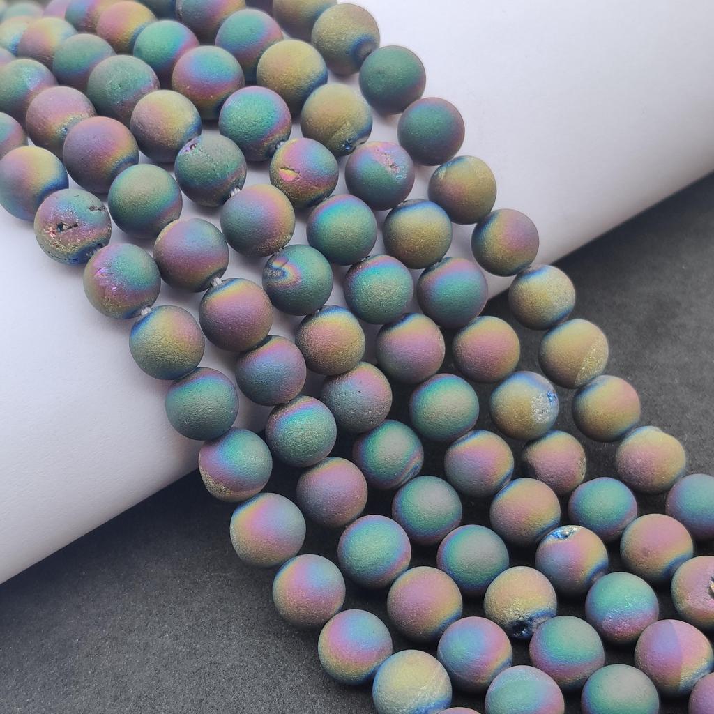 Natural Gemstone Druzy Agate Beads, Multi-Color Smooth Round, Matte Finish, 6mm 8mm 10mm Size Beads, Full Strand 14-15 Inch, Great for Jewelry Making