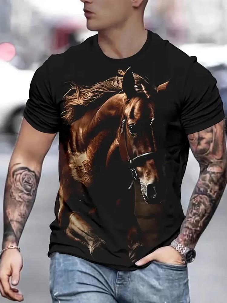 T-shirt Vintage da Uomo Moda Stampa Cavallo Casual Girocollo Grafica T-shirt Top Street Harajuku Manica Corta Tee Abbigliamento Uomo