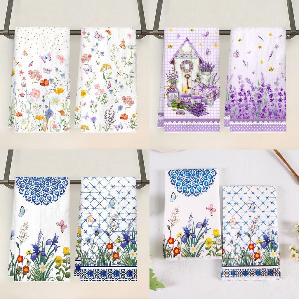 2pcs Wildflowers Lavender Kitchen Towels Spring Summer Floral Hand Towels Flowers Home Dish Towels for Kitchen Bathroom Decor