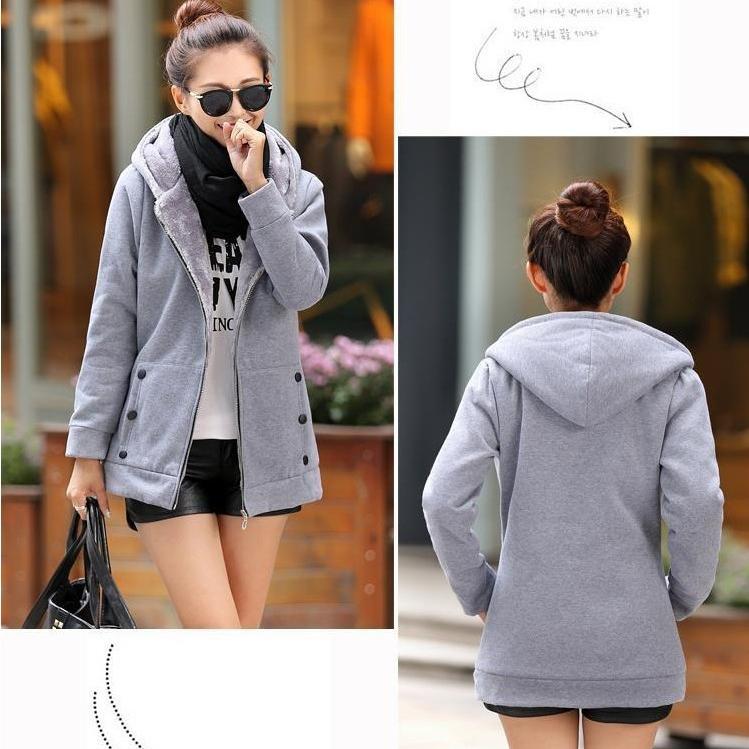 Women's Casual Fleece Hooded Jacket, Solid Color Long Sleeve Zip-Up Sweatshirt Fall/Winter Outerwear