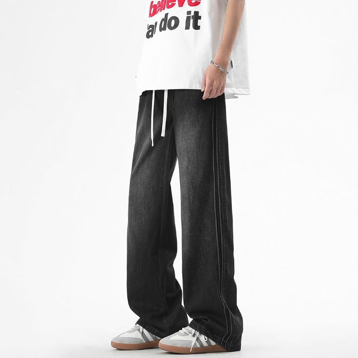 Three-bar Jeans with Loose Draping Style High Street Mopping Trousers
