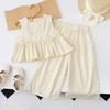 Baby Girl's Casual Clothing Round Neck Sleeveless Polka Dot Top+Wide Leg Pants Set with Bow and Botton Summer 2PCS Set