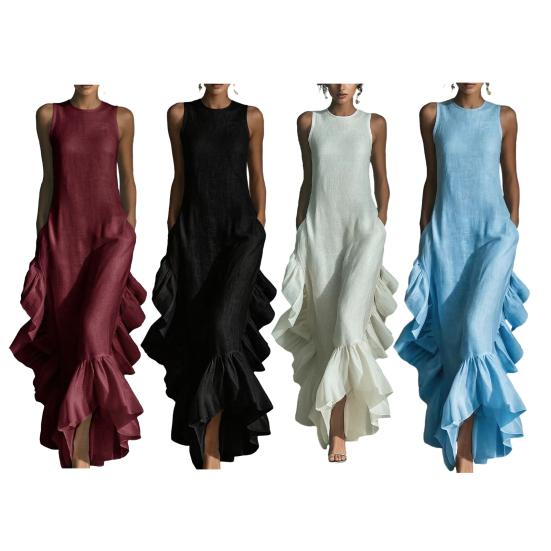 Ärmelloses Damenkleid Raffung Rüschensaum Elegantes Schwingkleid Rundhalsausschnitt Strandkleid für Büro Party Cocktail Strandmode