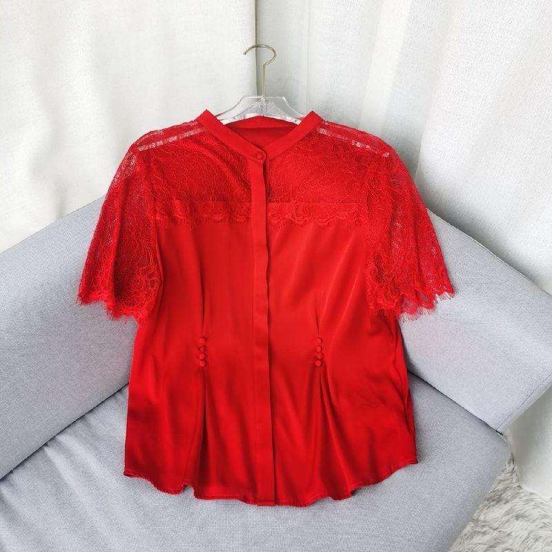 

Summer New Arrival Silk Shirt Women s Medium Long Sleeves Loose Pure Color Ol Mulberry Silk Top Lace Women s Red Shirt Red L