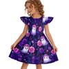 Girls Halloween Dress Flutter Sleeve Ghost Print Patchwork Skater Dress Kids Casual Party Dress with Round Neck and Short Sleeves