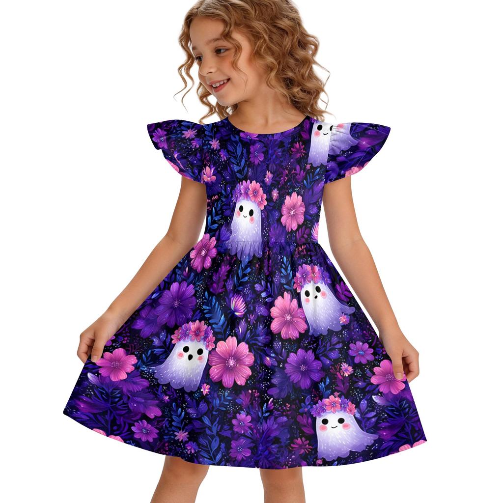 Girls Halloween Dress Flutter Sleeve Ghost Print Patchwork Skater Dress Kids Casual Party Dress with Round Neck and Short Sleeves