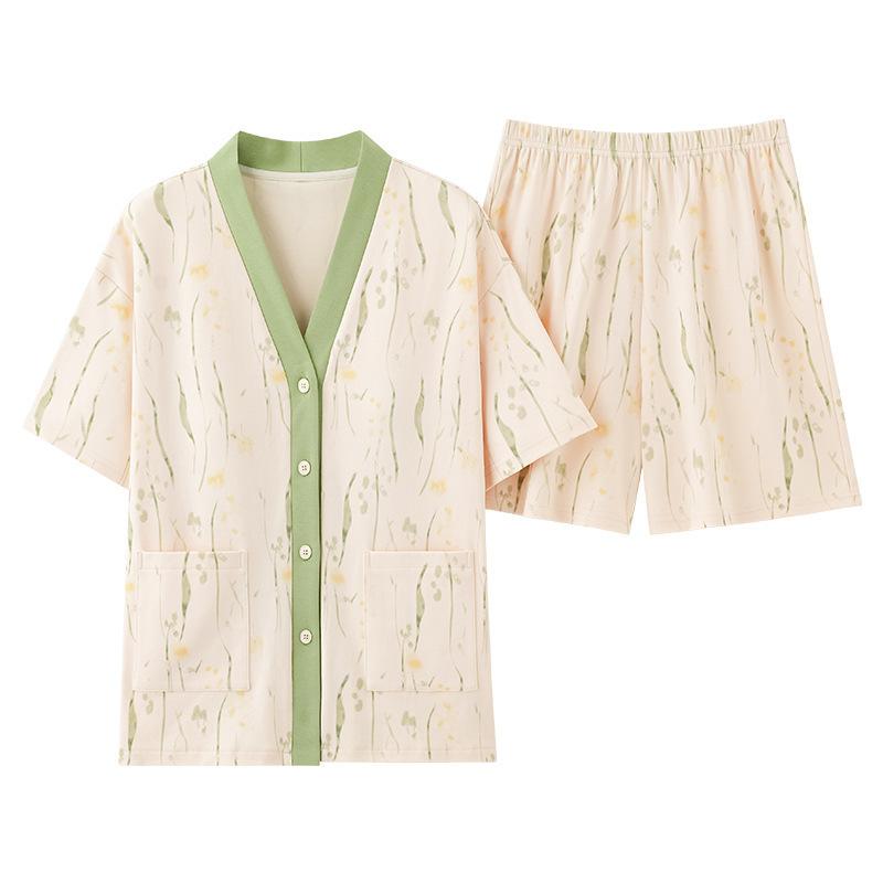 New summer pajamas set women's cardigan short-sleeved shorts V-neck kimono loungewear can be worn outside in summer