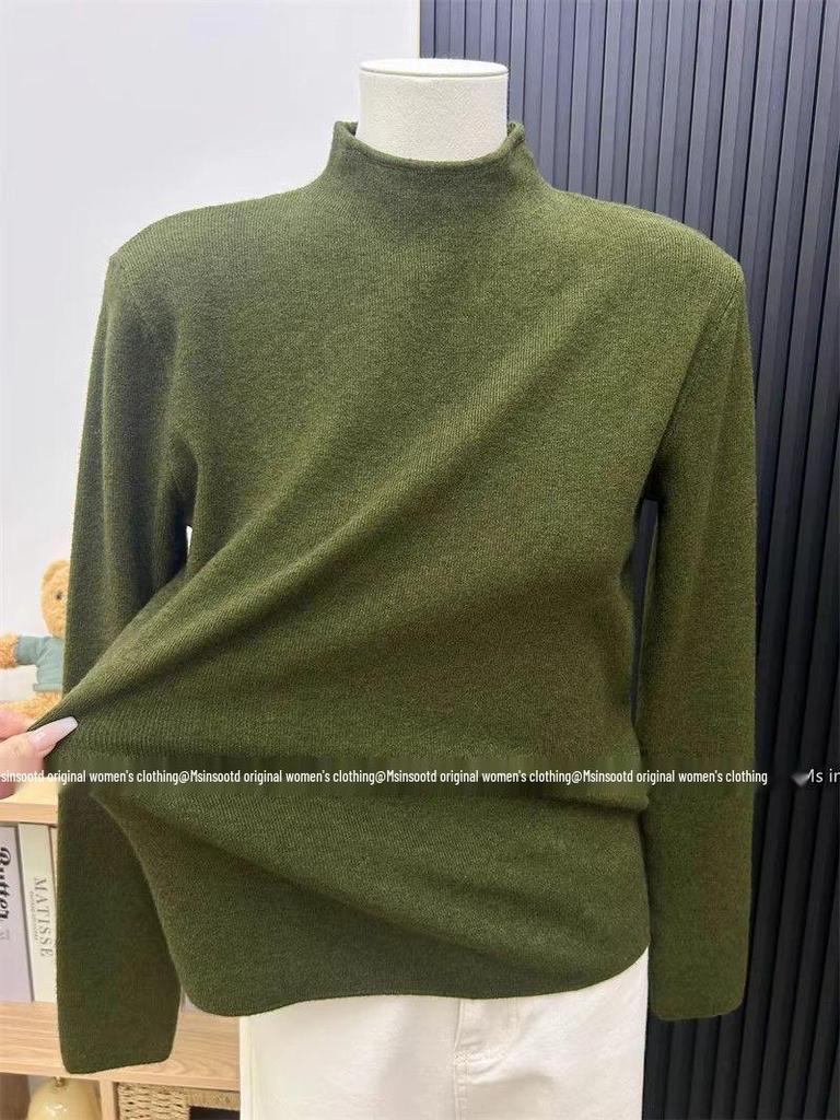 Olive Green Women's Slimming Knit Sweater - Autumn/Winter Half-High Neck Base Layer