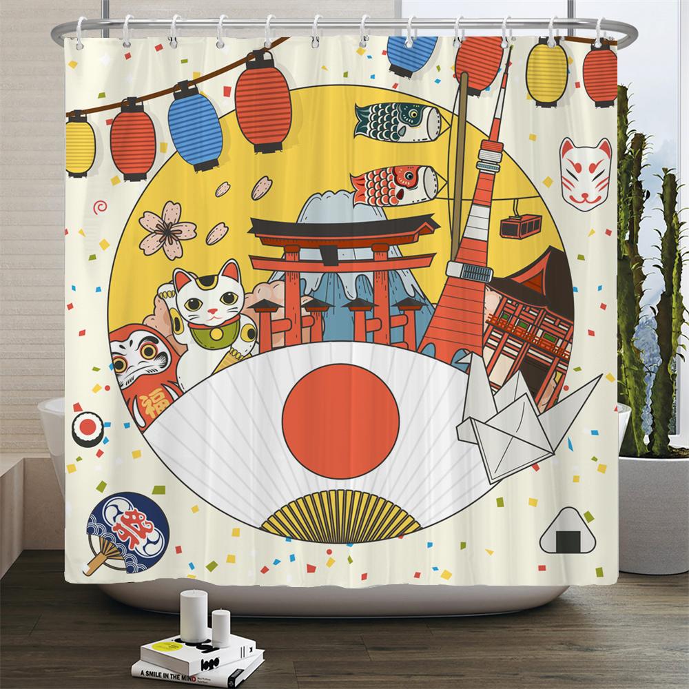 Japan Carp Banner Japanese-style Lucky Cat Printed Bath Curtains Bathroom For Bathing Cover Shower Curtains with 12 Pcs Hooks