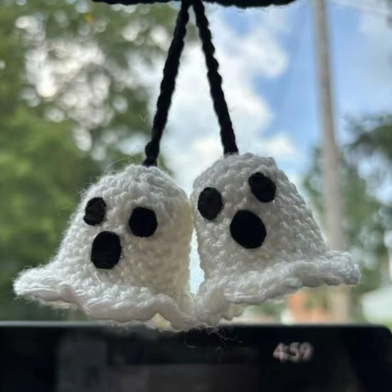 1 Pair Ghost Pendants Crochet Car Mirror Hanging Accessories with Lanyard Easy to Hang Ornament Halloween Decor