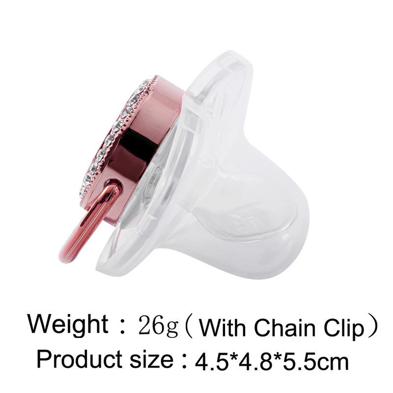 Transparent Rose Gold Letter Baby Pacifier with Diamond Design and Chain Clip