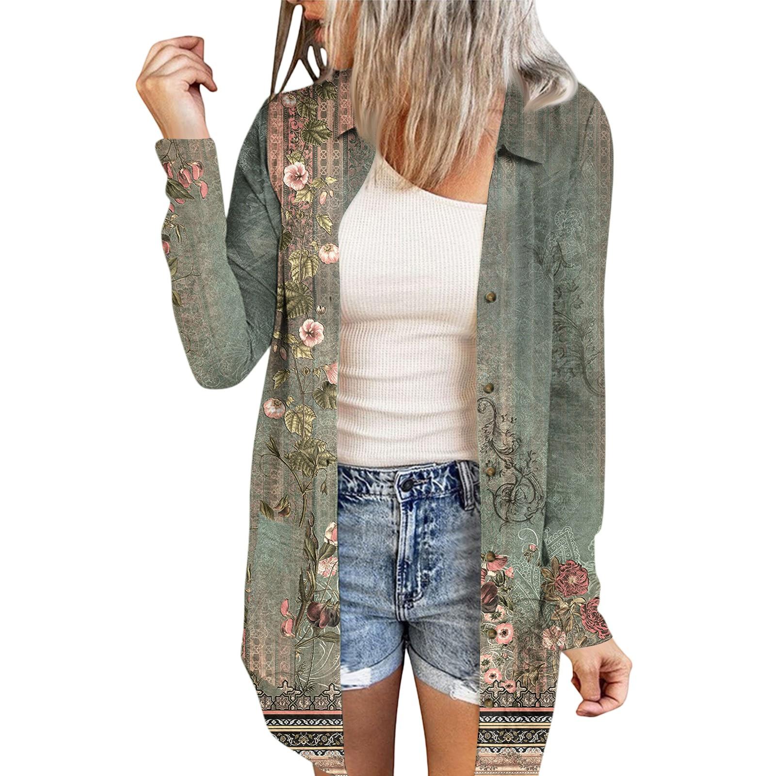 

Женский повседневный кардиган средней длины с длинным рукавом и цветочным принтом в стиле ретро XL