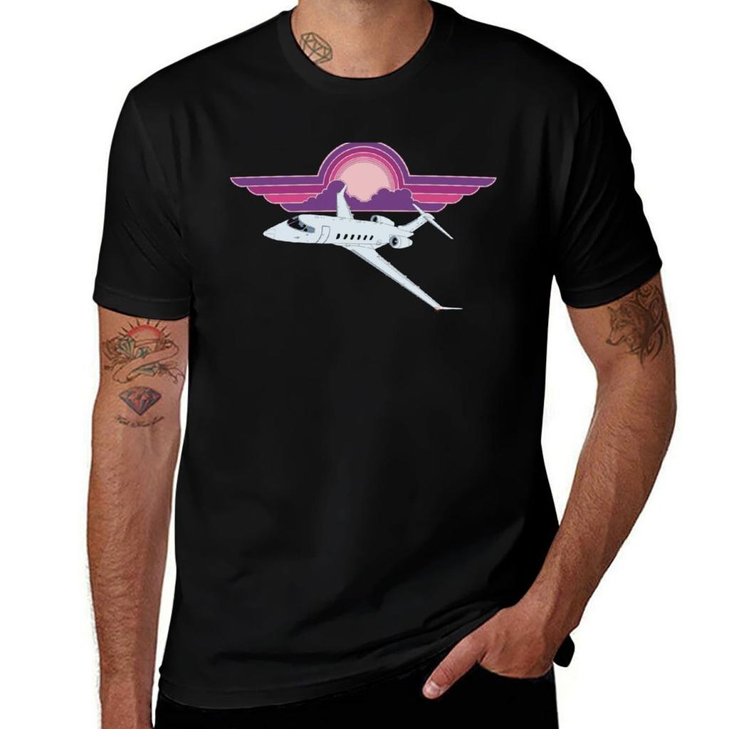 Bombardier Design Pilot Aviation Sunset Retro Jet Challenger 350 Wings TShirt Big and Tall Crew Neck Tee