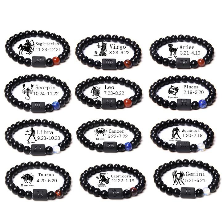Fashion Jewelry Charm Unisex Black Stone Beads 12 Zodiac Signs Constelation Couple Bracelet