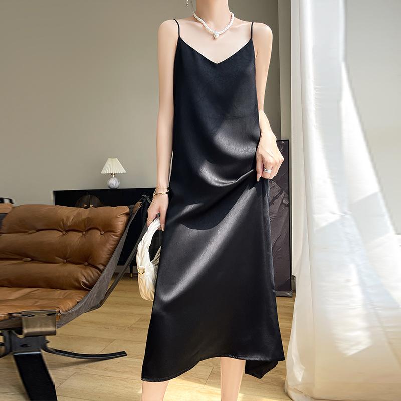 New Chinese Style Dark Pattern Jacquard Suspender Gown for Women's Summer New Acetic Acid Satin Base National Style A-line Long Skirt