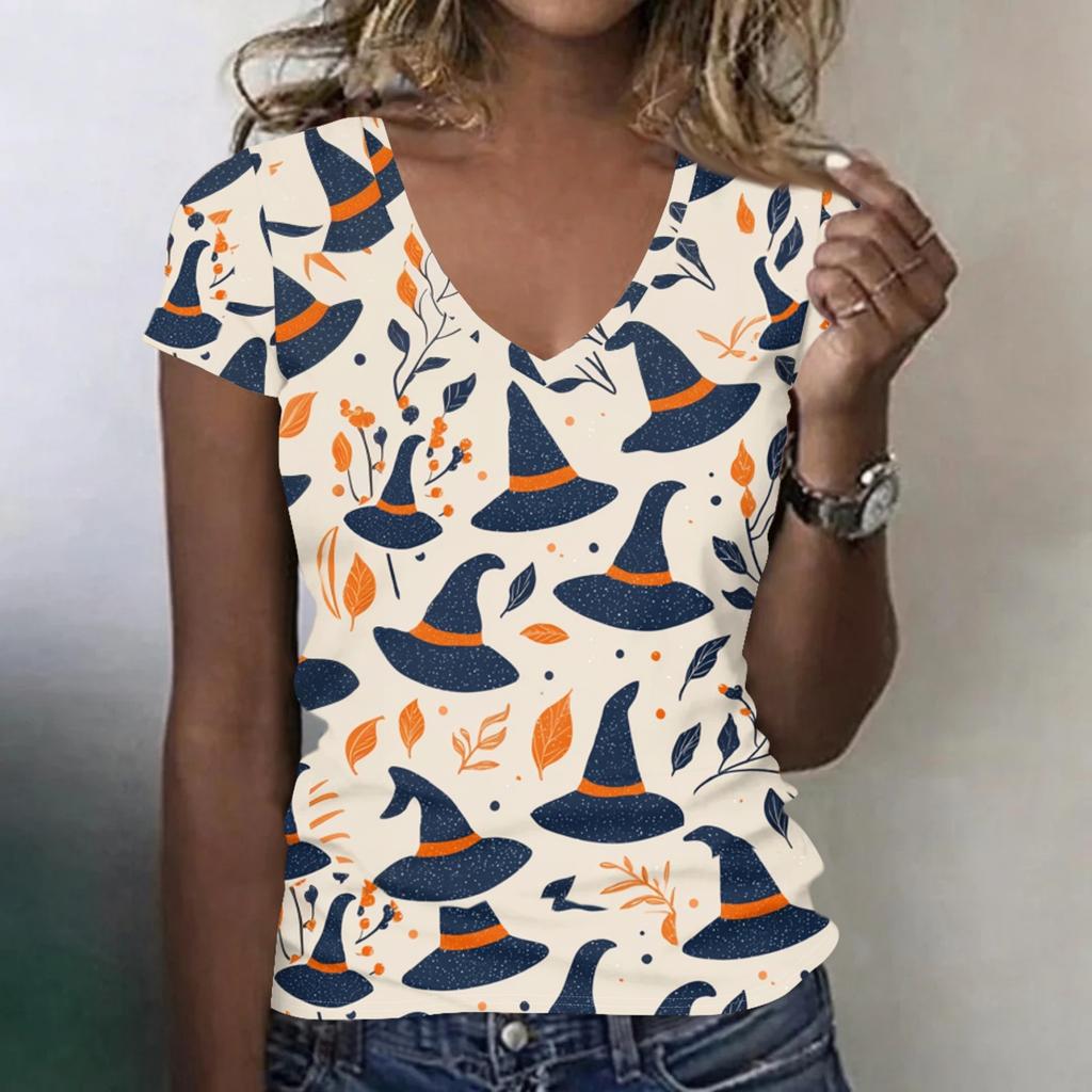 Women's V-Neck Halloween Print Lightweight Blouse for Spring and Summer