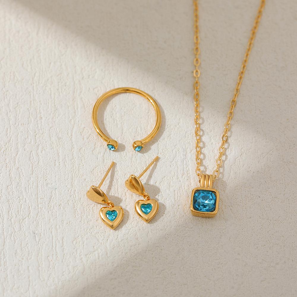 

Blue Zircon Dubai Bridal Zircon Sets Wedding Woman Accesories Luxury Stainless Steel Necklace Earrings Ring Set Engagement Gift