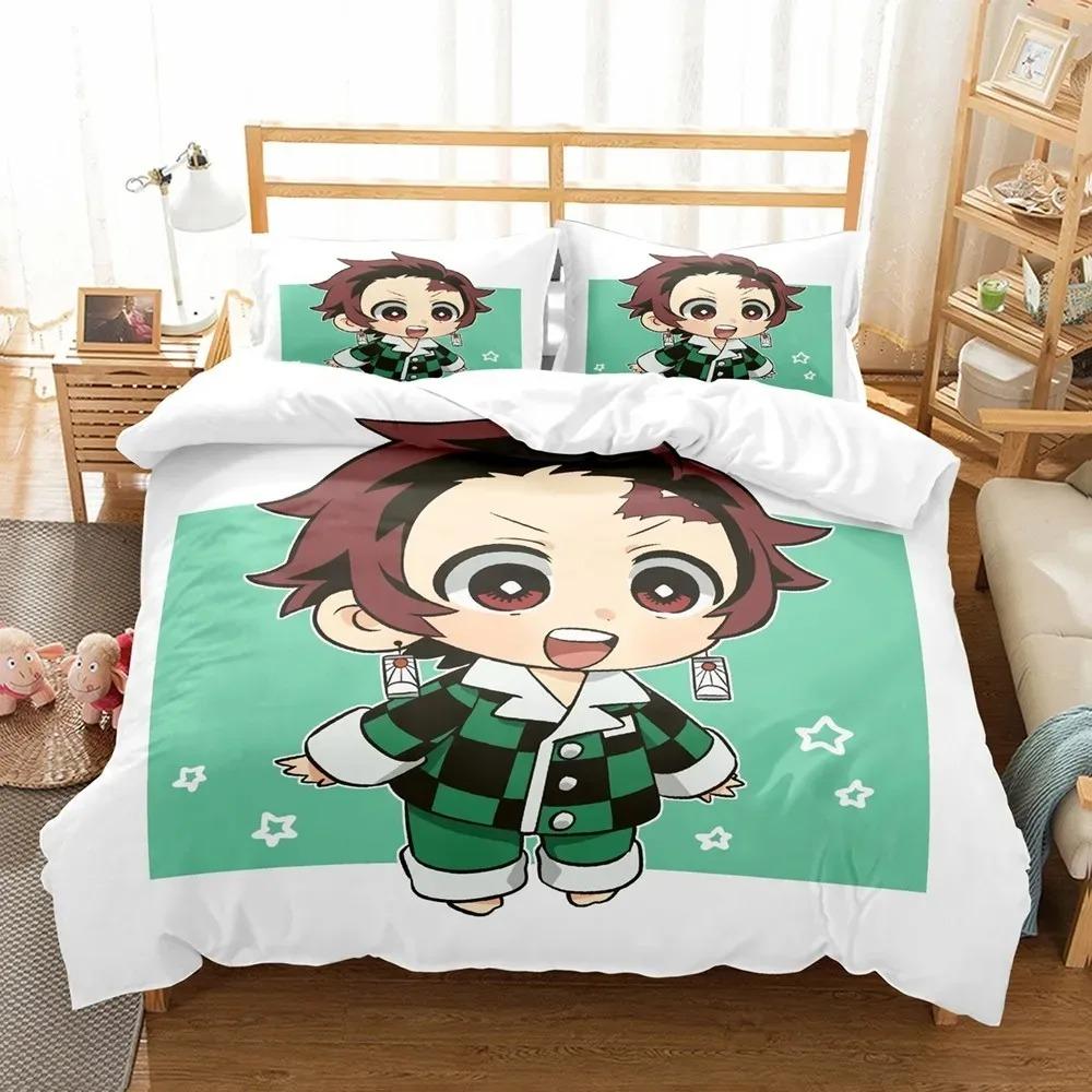 3D Anime Demon Slayer Duvet Cover Sets with Pillow Cover Polyester Teens Boys Bedding Set Full Queen King Size Cartoon Bed Linen