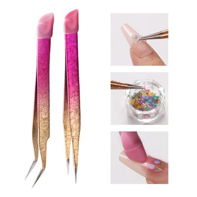 Yousheng Nail Tweezers Multifunctional Double-ended Straight/Curved Anti-slip with Silicone Pressing Head Rhinestones Picker Stainless Steel DIY