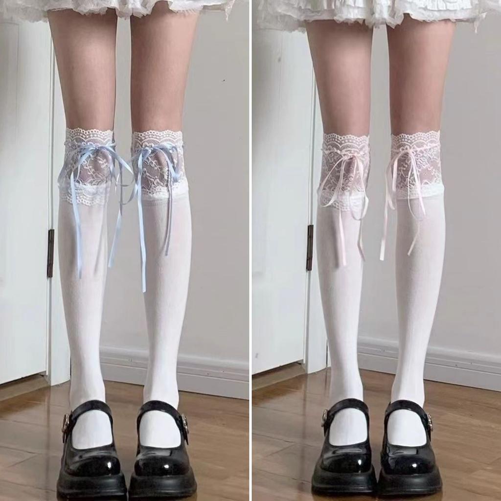 Lolita Lace Knee Socks White Women'S Ribbon Bow Medium Stockings Jk Autumn Thin Calf Socks