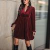Herbst Neuer Stil Elegantes Retro-Stil Damen Locker Tiefes V-Ausschnitt Samt Unifarbenes Kleid