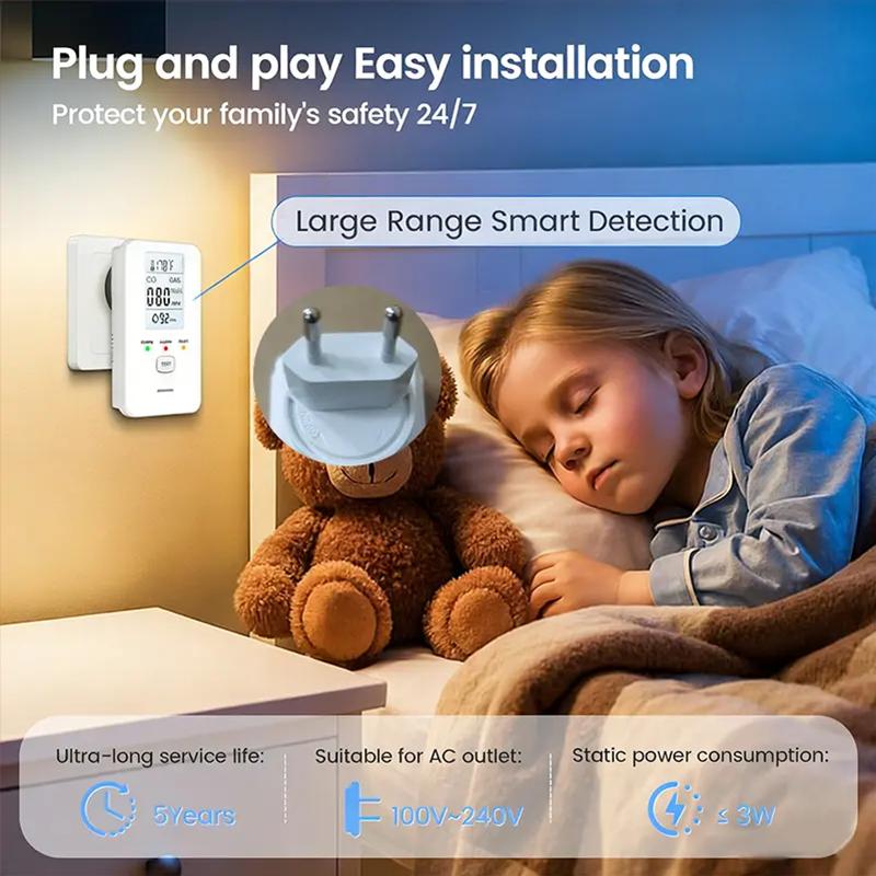 4in1 Gas and Carbon Monoxide Detector Temperature Humidity Sensor AC Plug in Combustible Gas Leak Detector Gas Alarm LCD Display