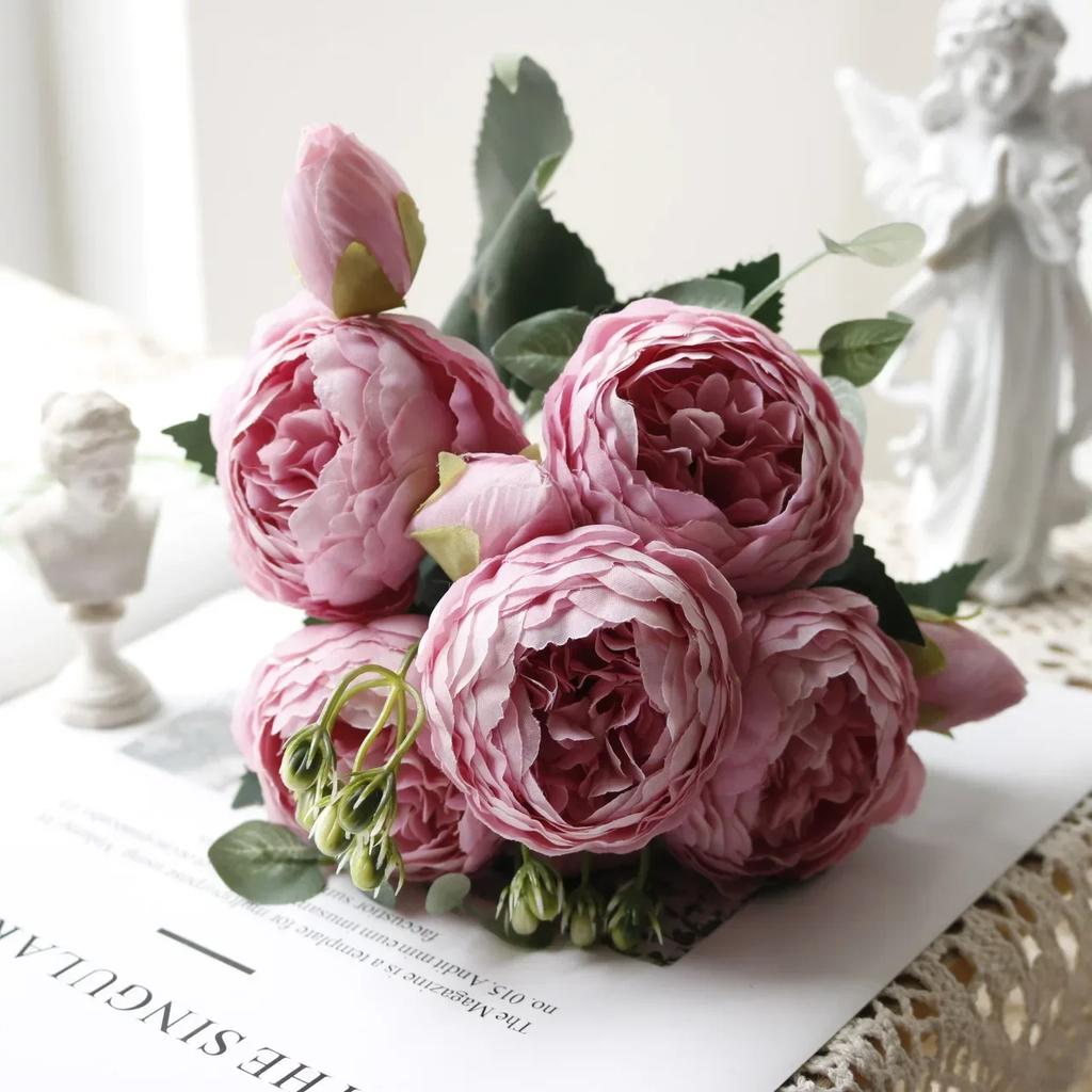 30cm Rose Pink Silk Peony Artificial Flowers Bouquet 5 Big Head and 4 Bud Cheap Fake Flowers for Home Wedding Decoration Indoor