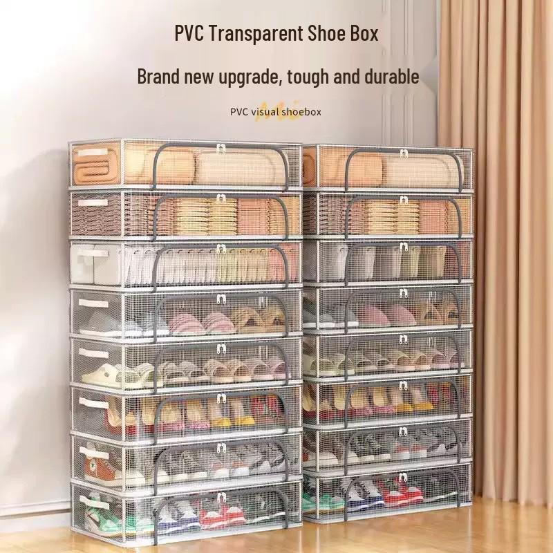 Transparent Folding Shoe Storage Box with Steel Frame and Under-Bed Design