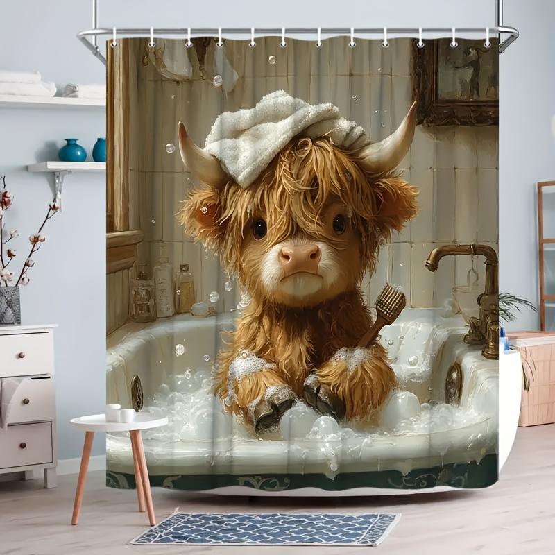 Adorable Cute Highland Cow Bath Shower Curtain Waterproof Bathroom Decor Cartoon Novelty Farm Animal Liner Decoration Gift Idea