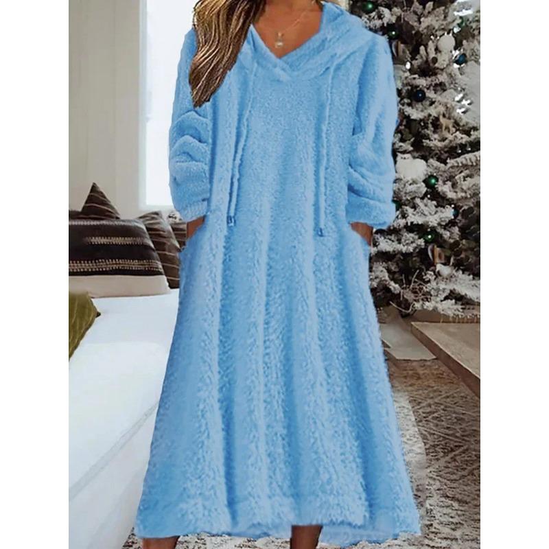 DAFIFY Women's Fashion Fall Winter Solid Color Print Long Sleeve Hooded Loose Waistline Casual Dresses
